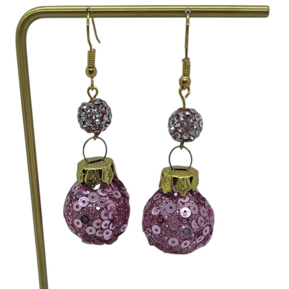 Christmas Ornament Earrings Pink Sequin Covered Balls Shambala Beads Gold Tone
